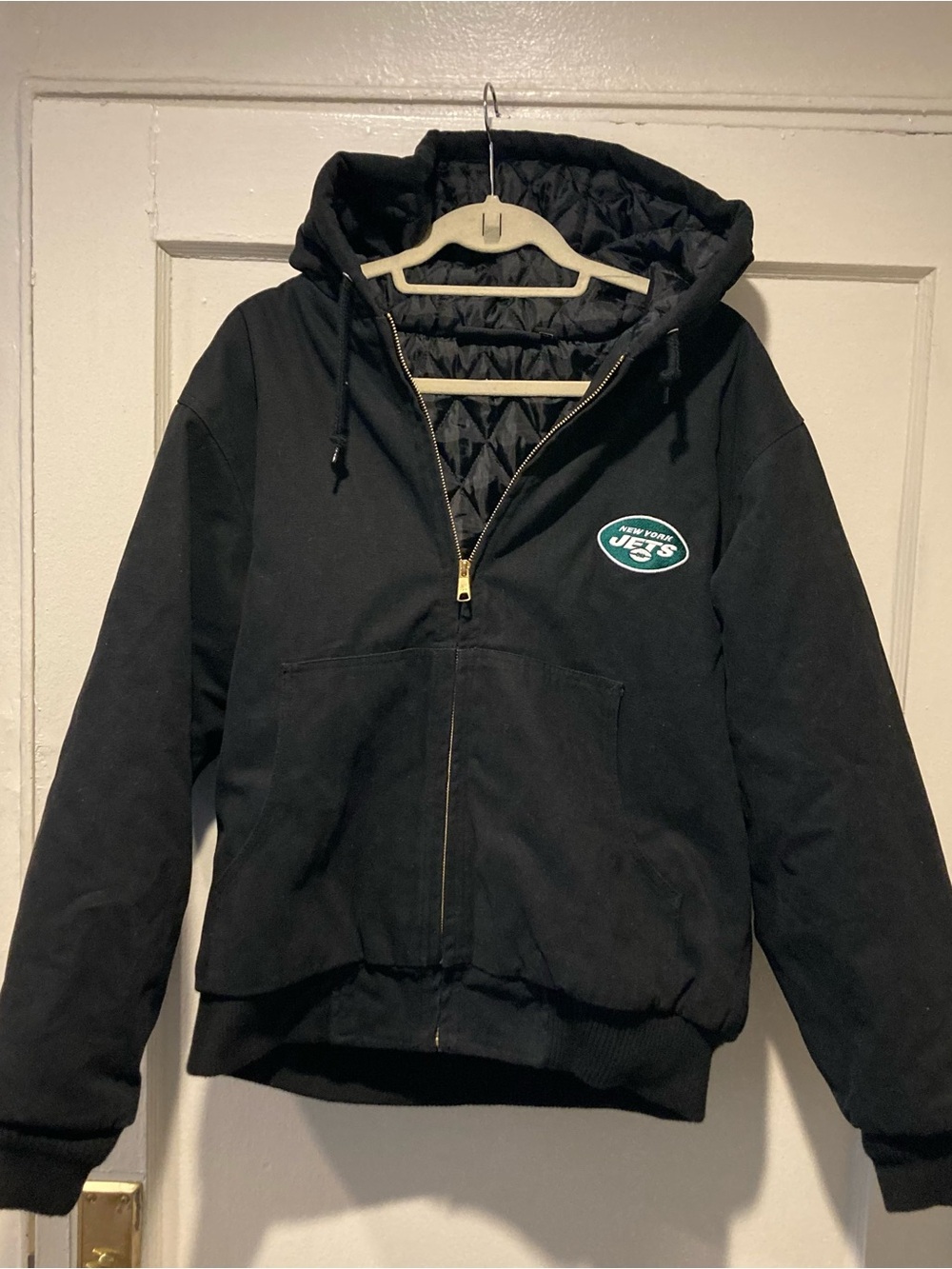 NY Jets Dunbrooke Jacket Men’s M Black Canvas Quilted Lined NFL Hoodie